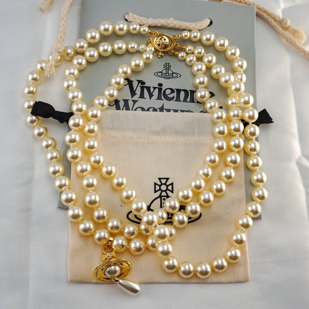 Vivienne Westwood Three Row Pearl Drop Choker Necklace in Gold